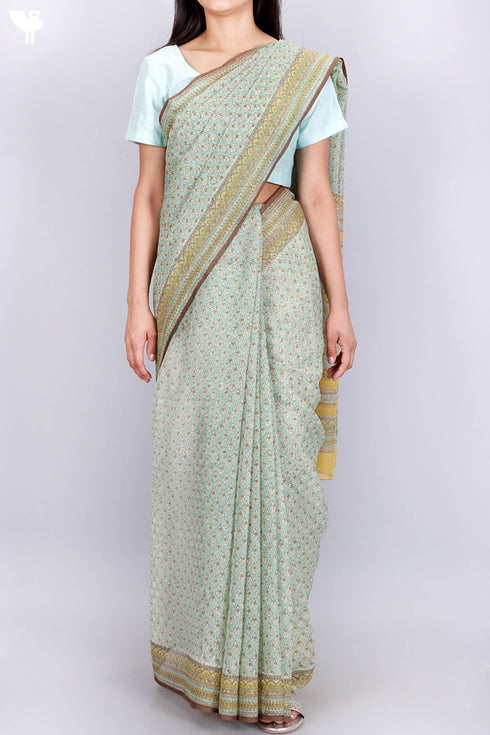 Kota Doria Saree In Floral Block Print